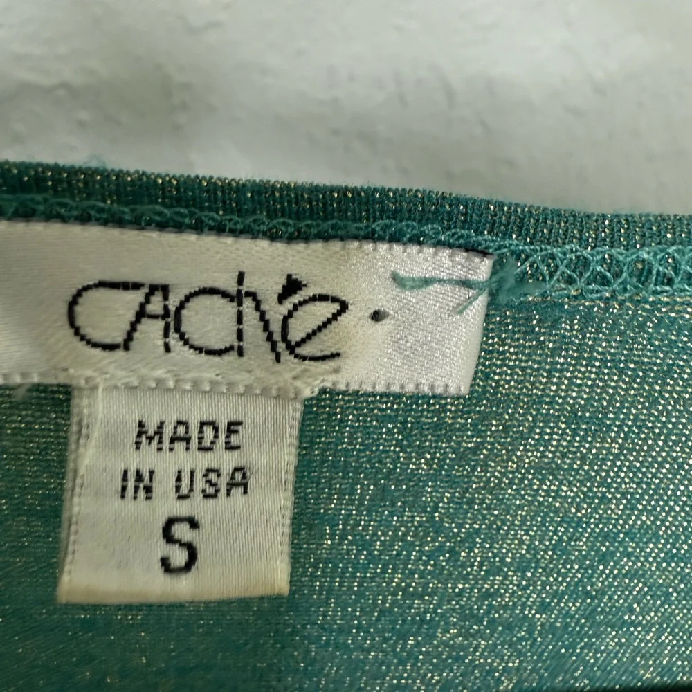 Vintage Caché Metallic Teal Long Sleeve Top with Ring Detail- made in USA - Picture 3 of 4